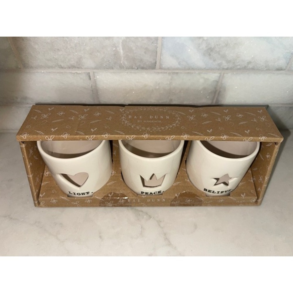 Rae Dunn by Magenta Set of 3 Ceramic Votive Candle Holders Light Peace Believe